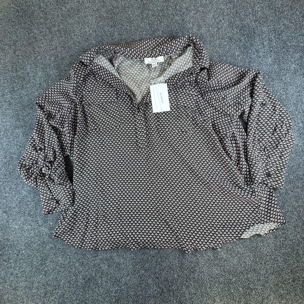 Magaschoni Blouse Top Womens 2X‎ Black White Geometric Rayon Roll Tab Sleeve